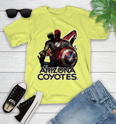 NHL Captain America Thor Spider Man Hawkeye Avengers Endgame Hockey Arizona Coyotes Youth T-Shirt 8