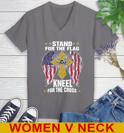 NBA Basketball Utah Jazz Stand For Flag Kneel For The Cross Shirt Women's V-Neck T-Shirt 11