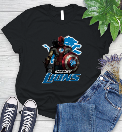 NFL Captain America Thor Spider Man Hawkeye Avengers Endgame Football Detroit Lions Women's T-Shirt 2