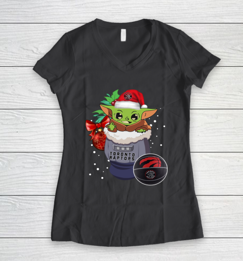 Toronto Raptors Christmas Baby Yoda Star Wars Funny Happy NBA Women's V-Neck T-Shirt 8