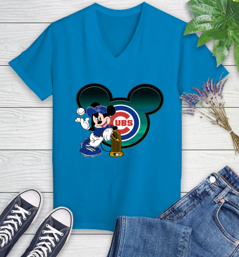 MLB Chicago Cubs The Commissioner's Trophy Mickey Mouse Disney Women's V-Neck T-Shirt 7