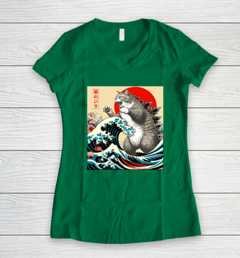 Catzilla Cat Japanese Art Funny Cat Women's V-Neck T-Shirt 3