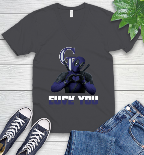 MLB Colorado Rockies Deadpool Love You Fuck You Baseball Sports V-Neck T-Shirt 4