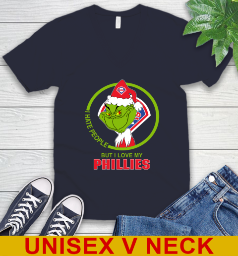 Philadelphia Phillies MLB Christmas Grinch I Hate People But I Love My Favorite Baseball Team V-Neck T-Shirt 3