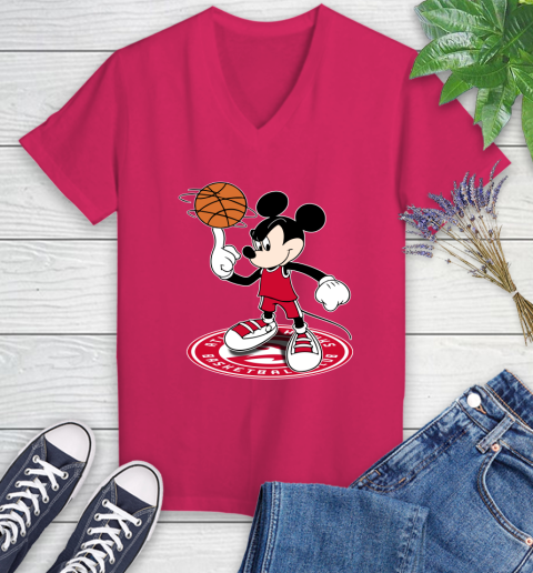 NBA Basketball Atlanta Hawks Cheerful Mickey Disney Shirt Women's V-Neck T-Shirt 8