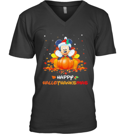 Mickey Mouse Happy Hallothanksmas Halloween Thanksgiving Christmas V-Neck T-Shirt