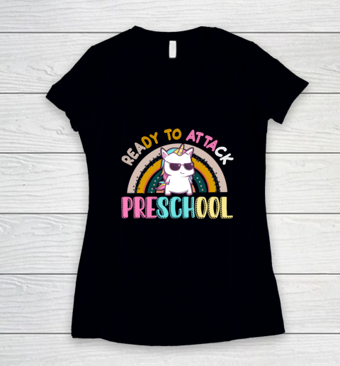 Back to school shirt Ready To Attack PreSchool Unicorn Women's V-Neck T-Shirt