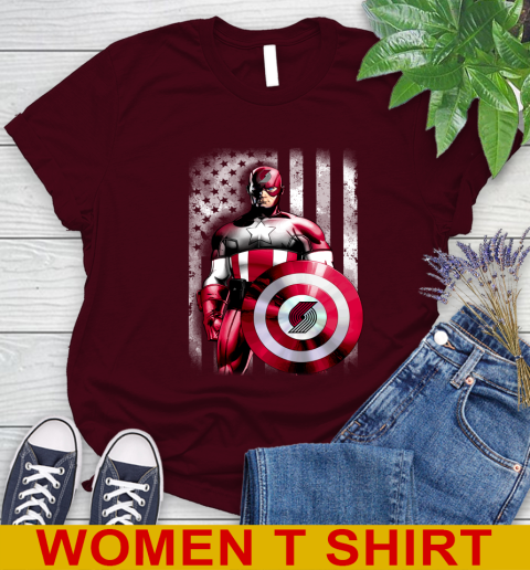 Portland Trail Blazers NBA Basketball Captain America Marvel Avengers American Flag Shirt Women's T-Shirt 6