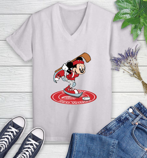 NHL Hockey Detroit Red Wings Cheerful Mickey Disney Shirt Women's V-Neck T-Shirt 3 NHL Hockey Detroit Red Wings Cheerful Mickey Disney Shirt Women's V-Neck T-Shirt - Image 3