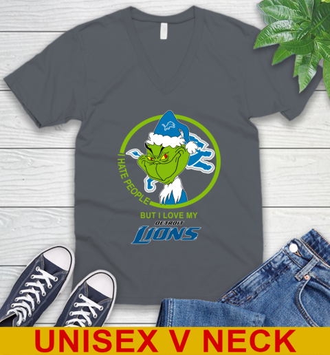 Detroit Lions NFL Christmas Grinch I Hate People But I Love My Favorite Football Team V-Neck T-Shirt 5