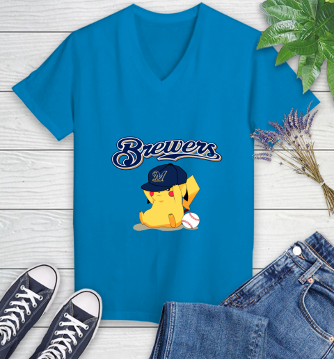 MLB Pikachu Baseball Sports Milwaukee Brewers Women's V-Neck T-Shirt 7