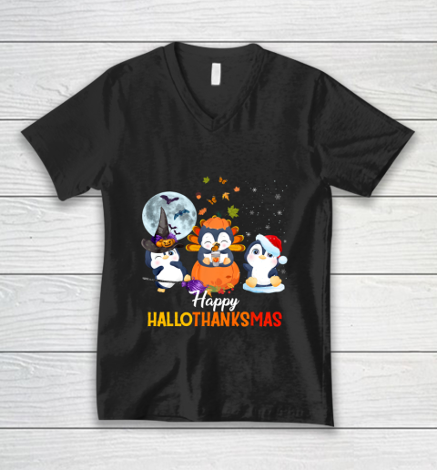 Penguin Halloween And Merry Christmas Happy Hallothanksmas V-Neck T-Shirt