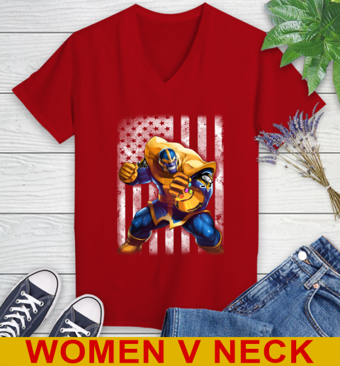 NHL Hockey Pittsburgh Penguins Thanos Marvel American Flag Shirt Women's V-Neck T-Shirt - Image 11