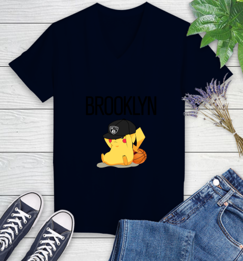 NBA Pikachu Basketball Sports Brooklyn Nets Women's V-Neck T-Shirt 3