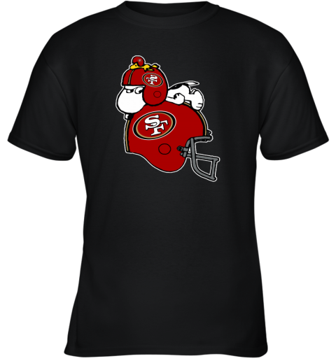 t8tt snoopy and woodstock resting on san francisco 49ers helmet youth t shirt 26 front black