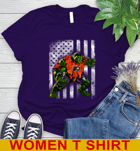 Philadelphia Flyers Hulk Marvel Avengers NHL Hockey American Flag Women's T-Shirt 4