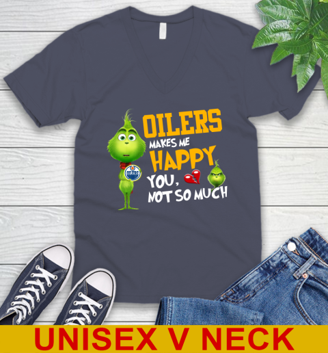 NHL Edmonton Oilers Makes Me Happy You Not So Much Grinch Hockey Sports V-Neck T-Shirt - Image 8