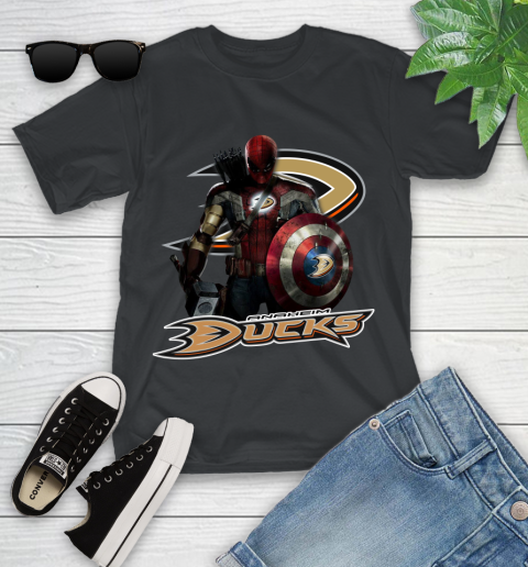 NHL Captain America Thor Spider Man Hawkeye Avengers Endgame Hockey Anaheim Ducks Youth T-Shirt 2