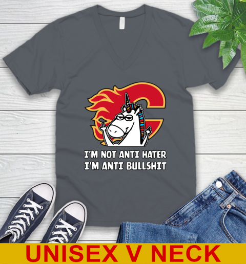 Calgary Flames NHL Hockey Unicorn I'm Not Anti Hater I'm Anti Bullshit V-Neck T-Shirt 5