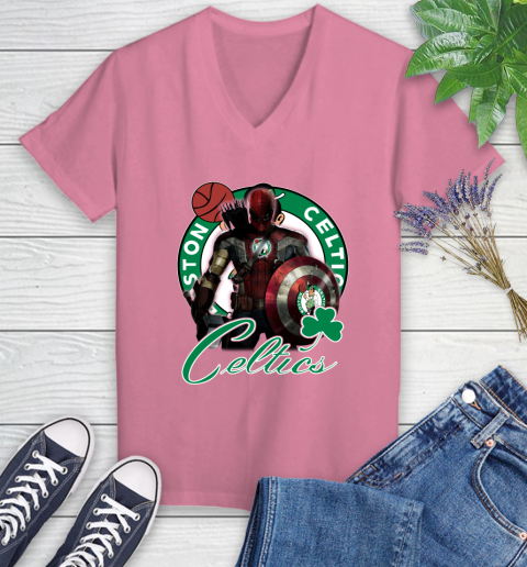 Boston Celtics NBA Basketball Captain America Thor Spider Man Hawkeye Avengers Women's V-Neck T-Shirt 13