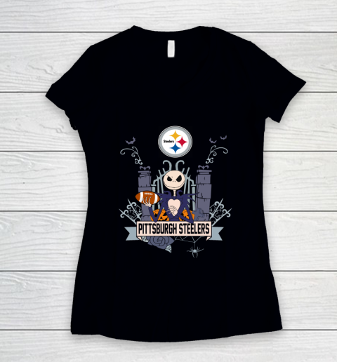 NFL Pittsburgh Steelers Football Jack Skellington Halloween Women's V-Neck T-Shirt