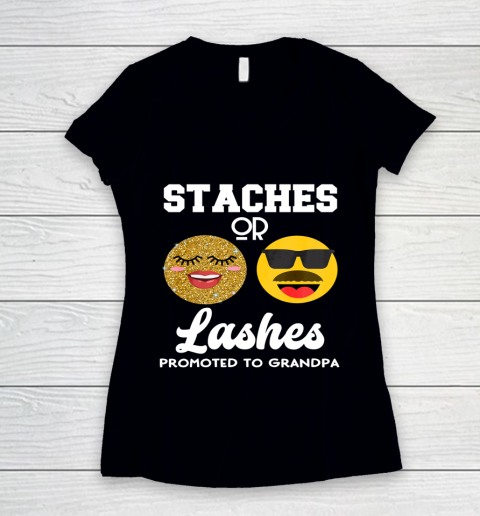 Promoted to Grandpa Lashes or Staches Gender Reveal Party Women's V-Neck T-Shirt