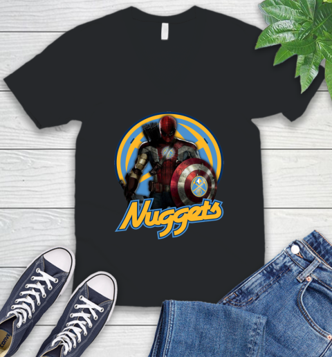 Denver Nuggets NBA Basketball Captain America Thor Spider Man Hawkeye Avengers V-Neck T-Shirt 2