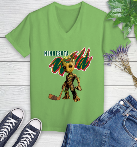 Minnesota Wild NHL Hockey Groot Marvel Guardians Of The Galaxy Women's V-Neck T-Shirt 11