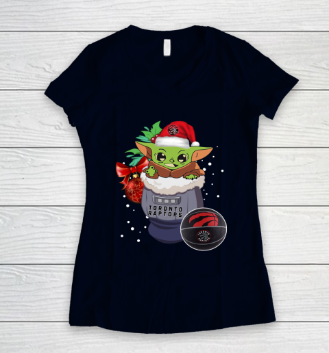 Toronto Raptors Christmas Baby Yoda Star Wars Funny Happy NBA Women's V-Neck T-Shirt 3