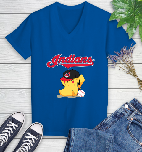 MLB Pikachu Baseball Sports Cleveland Indians Women's V-Neck T-Shirt 10