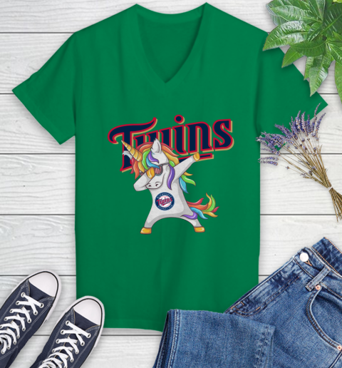 Minnesota Twins MLB Baseball Funny Unicorn Dabbing Sports Women's V-Neck T-Shirt 5