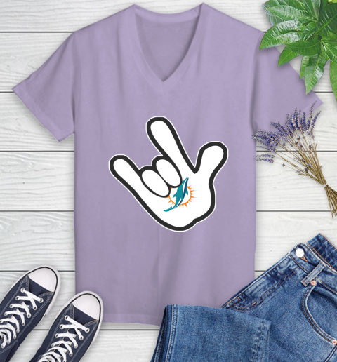 Miami Dolphins NFL Football Mickey Rock Hand Disney Women's V-Neck T-Shirt 14