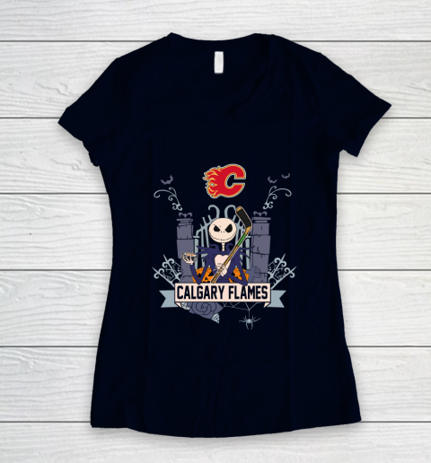 NHL Calgary Flames Hockey Jack Skellington Halloween Women's V-Neck T-Shirt 2