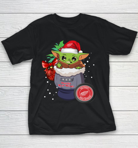 Detroit Red Wings Christmas Baby Yoda Star Wars Funny Happy NHL Youth T-Shirt 2