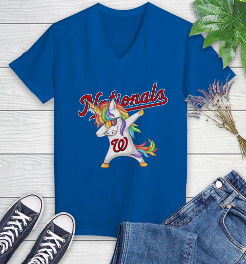 Washington Nationals MLB Baseball Funny Unicorn Dabbing Sports Women's V-Neck T-Shirt 10