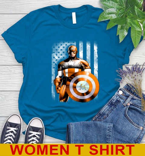 Miami Marlins MLB Baseball Captain America Marvel Avengers American Flag Shirt Women's T-Shirt 8