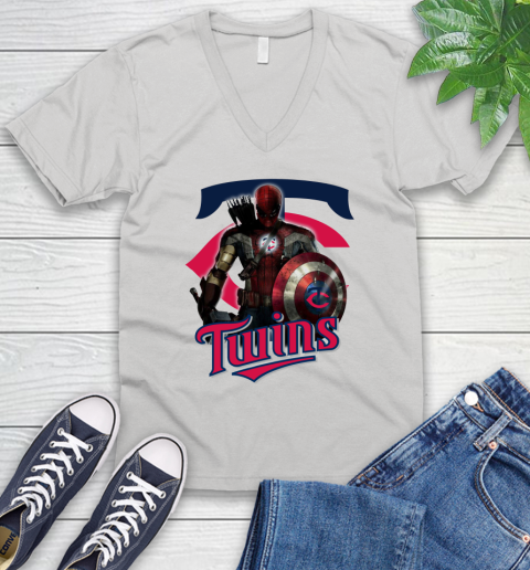 MLB Captain America Thor Spider Man Hawkeye Avengers Endgame Baseball Minnesota Twins V-Neck T-Shirt