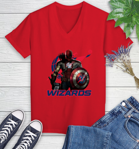 Washington Wizards NBA Basketball Captain America Thor Spider Man Hawkeye Avengers Women's V-Neck T-Shirt 12