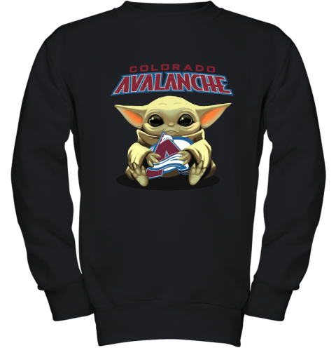 Baby Yoda Hugs The Colorado Avalanche Ice Hockey Youth Sweatshirt