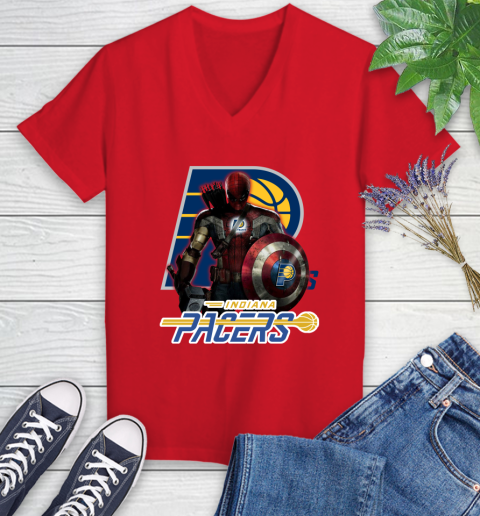 Indiana Pacers NBA Basketball Captain America Thor Spider Man Hawkeye Avengers Women's V-Neck T-Shirt 12