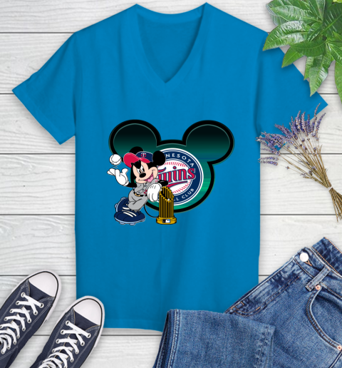 MLB Minnesota Twins The Commissioner's Trophy Mickey Mouse Disney Women's V-Neck T-Shirt 7