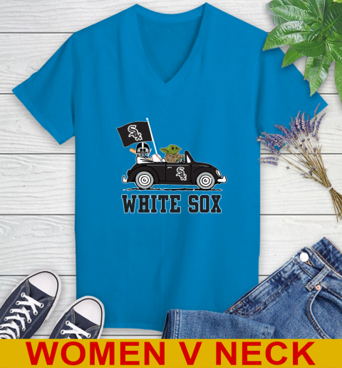 MLB Baseball Chicago White Sox Darth Vader Baby Yoda Driving Star Wars Shirt Women's V-Neck T-Shirt 8