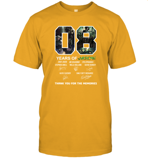 s6l9 8 years of arrow thank you for the memories jersey t shirt 60 front gold