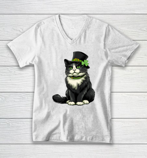 Girls Cat St Patricks Day Shamrock Irish V-Neck T-Shirt