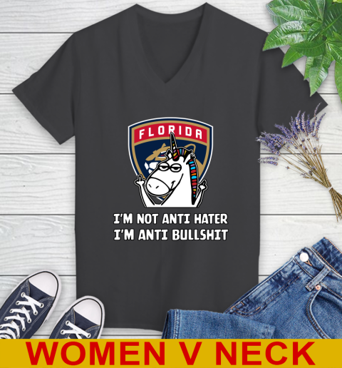Florida Panthers NHL Hockey Unicorn I'm Not Anti Hater I'm Anti Bullshit Women's V-Neck T-Shirt 9