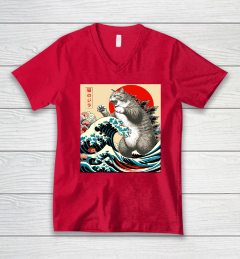 Catzilla Cat Japanese Art Funny Cat V-Neck T-Shirt 5