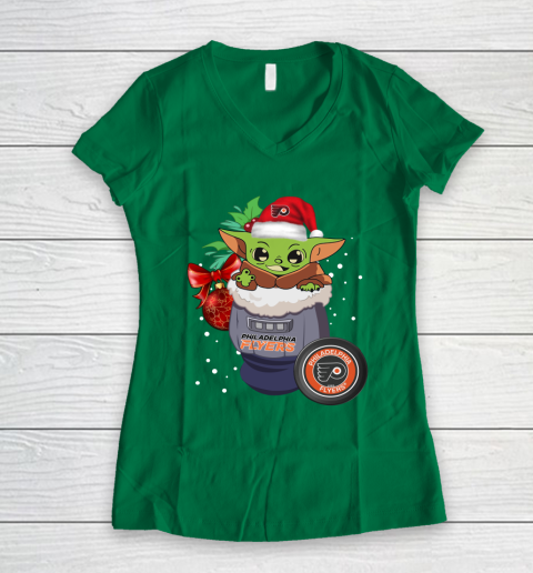 Philadelphia Flyers Christmas Baby Yoda Star Wars Funny Happy NHL Women's V-Neck T-Shirt 5