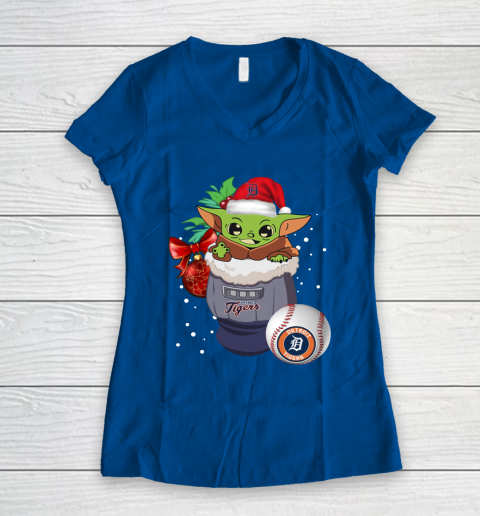 Detroit Tigers Christmas Baby Yoda Star Wars Funny Happy MLB Women's V-Neck T-Shirt 9