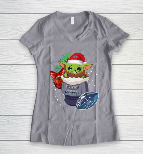 Seattle Seahawks Christmas Baby Yoda Star Wars Funny Happy NFL Women's V-Neck T-Shirt 4
