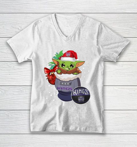 Sacramento Kings Christmas Baby Yoda Star Wars Funny Happy NBA V-Neck T-Shirt 2